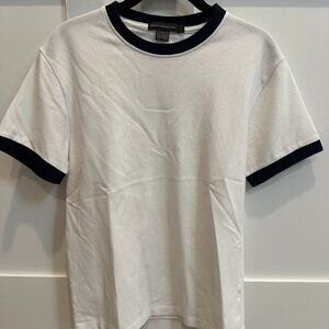 French Connection White Textured Tee with Navy Trim, Small